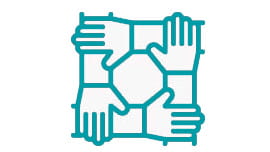 Zeichnung von vier Händen, die nacheinander greifen und ein Viereck bilden. Symbolbild für die Kinder- und Stadtteilkonferenz 2019 von GUT GEHT'S.