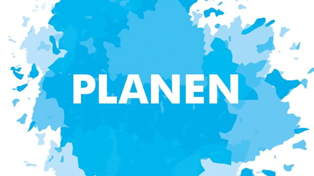 Schriftzug "Planen" auf blauem Farbklecks.