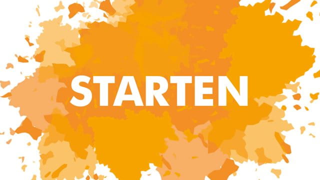 Schriftzug "Starten" auf orange farbenden Farbklecks. 