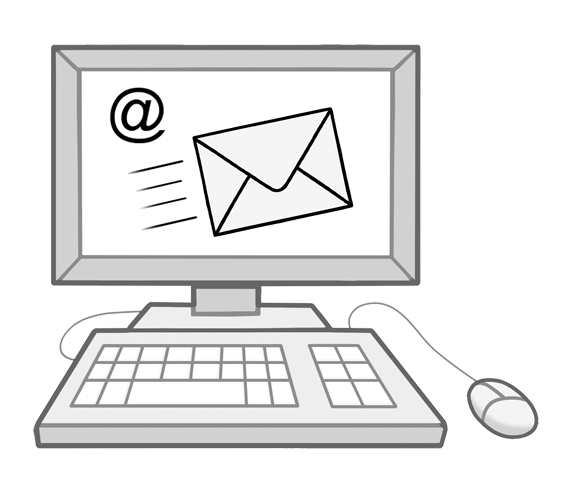 Zeichnung von einem Computer. Der Bildschirm zeigt einen großen Briefumschlag