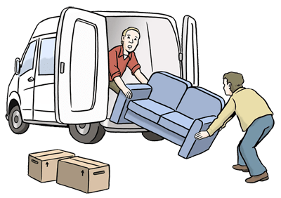 Zeichnung von zwei Personen, die ein Sofa in einen Transporter heben