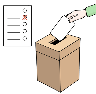 Zeichnung von einem Wahlzettel und von einer Hand, die einen Wahlzettel in eine Wahlurne steckt
