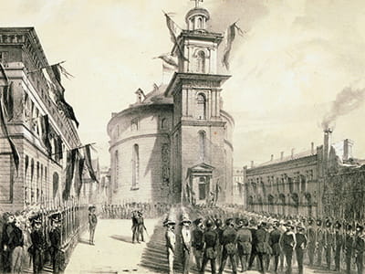 Gemaltes Bild: Abgeordnete gehen in die Paulskirche im Jahre 1848