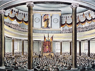 Gemaltes Bild vom deutschen Parlament in der Paulskirche im Jahr 1848