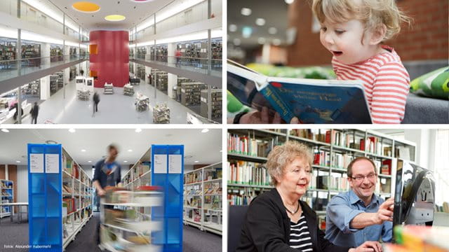Collage Stadtbücherei Verschiedene Bilder aus der Stadtbücherei