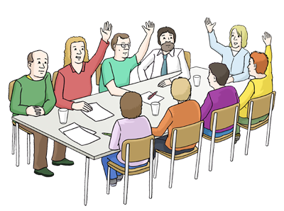 Zeichnung einer Gruppe von Menschen an einem Tisch. Einige der Menschen heben die Hand für eine Abstimmung.