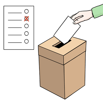 Zeichnung von einem Wahlzettel und von einer Hand, die einen Wahlzettel in eine Wahlurne steckt