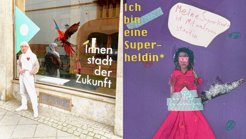 Der Künstler Rushy Diamond vor der Agentur des städtischen Wandels; Posterausstellung der Superheld*innen in der Agentur