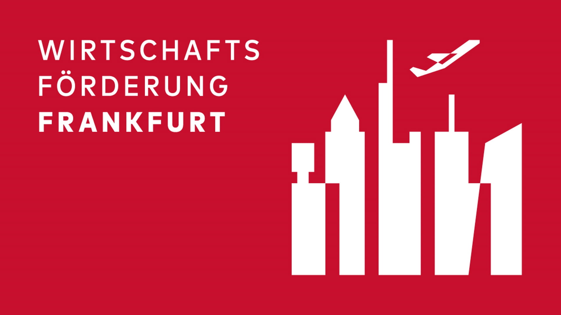 Neues Logo der Wirtschaftsförderung Frankfurt: Roter Hintergrund mit weißer Skyline und Flugzeug 