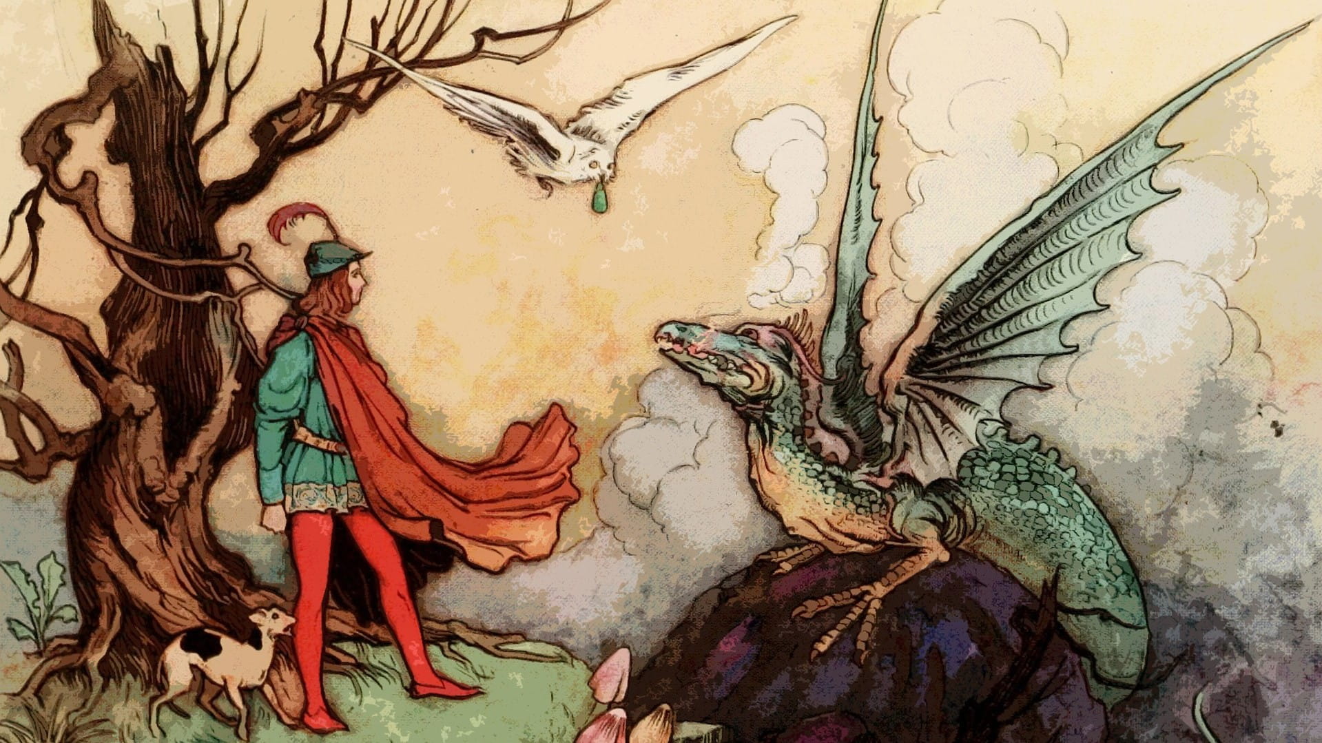 Alte Märchen-Illustration, Abenteurer und Drache