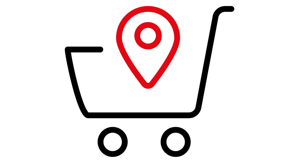 Icon des Onlineshops des Geo-Service-Büros. Die schwarze Outline eines Einkaufswagens auf weißem Grund. Im Einkaufswagen ist ein rotes Geodaten Symbol. 
