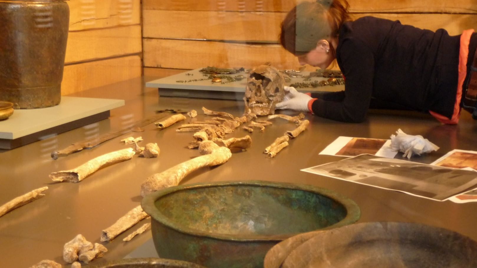 Archäologin präpariert liegend die Knochen des Keltenfürsten in der Vitrine mit Grabbeigaben und Schüsseln im Vordergrund. 
