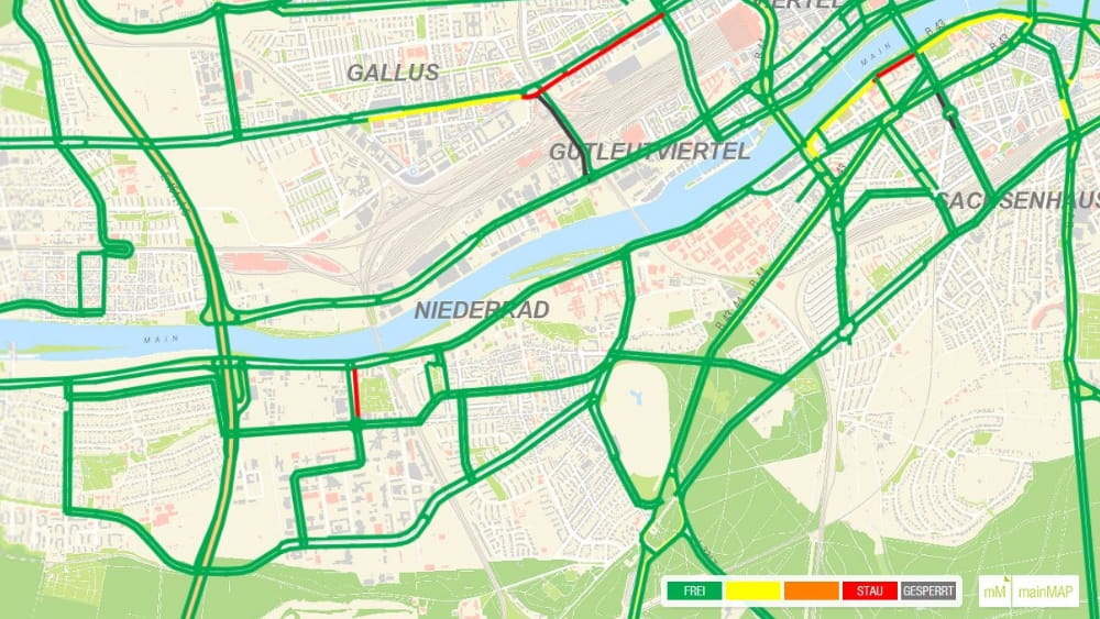Kartenausschnitt mit Abbildung der Verkehrslage in Echtzeit