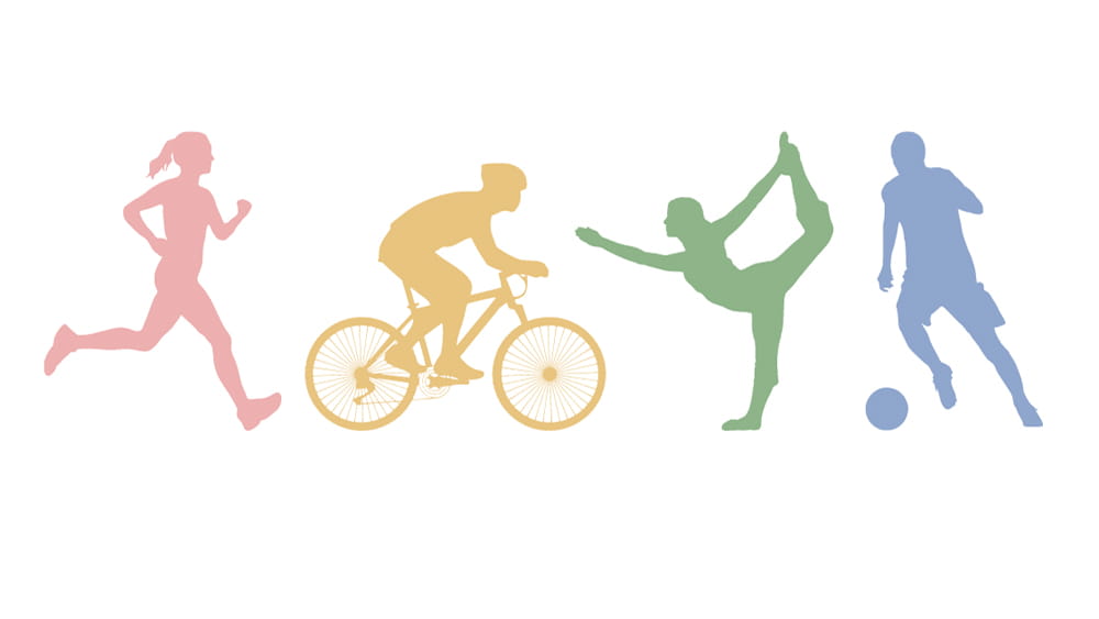 Piktogramm mit vier verschiedenen dargestellten Sportarten